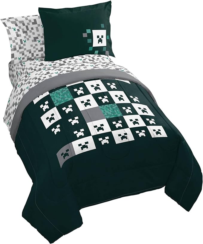 Minecraft Creeper Full Comforter Set - 7 Piece Gamer Bedding includes Sheet Set & Pillow Covers - Super Soft Checkered Kids Bedding