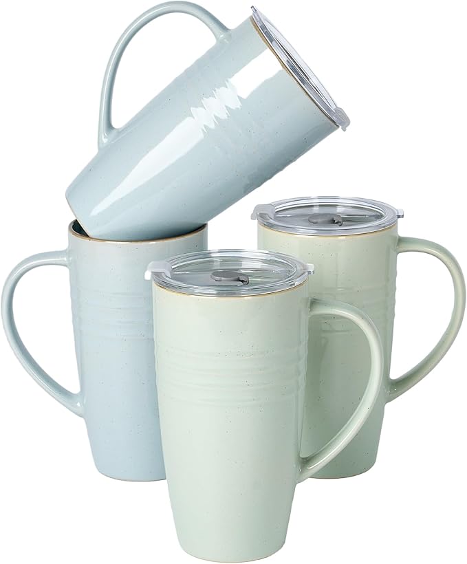 famiware Jupiter Large Coffee Mug, 20oz Coffee Mug with Lid, Ceramic Mugs Set of 4, Cup Set with Handle for Latte, Tea, Cocoa, Milk, Microwave and Dishwasher Safe, Light Blue and Light Green