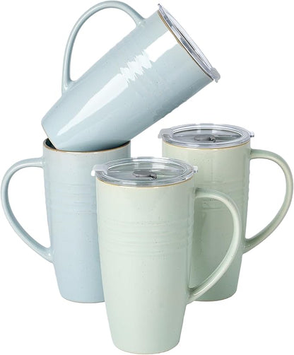 famiware Jupiter Large Coffee Mug, 20oz Coffee Mug with Lid, Ceramic Mugs Set of 4, Cup Set with Handle for Latte, Tea, Cocoa, Milk, Microwave and Dishwasher Safe, Light Blue and Light Green