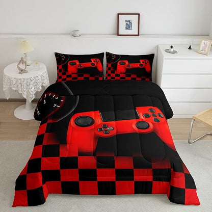 Gamer Comforter Set for Boys Teen Gaming Bedding Set Video Game Controller Home Decor for Men Child Buffalo Plaid Check Down Comforter Full Size 3 Pcs Duvet Set with 2 Pillow Shams,Black Red Geometric