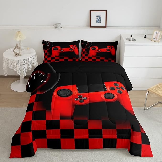 Erosebridal Gamer Bedding Sets for Boys Gaming Comforter Sets Twin Size for Kids Teen Boys Gamer Room Decor Video Game Gamepad Bedding Set with Plaid Check Grid Duvet Insert Soft All Season,Black Red