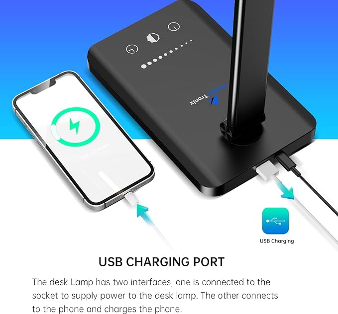 Ambertronix LED Desk Lamp with USB Charging Port, Dimmable Eye-Caring Reading Desk Light for Home, with 5 Brightness Level & 3 Lighting Modes, Touch Control, Auto Timer (Black)