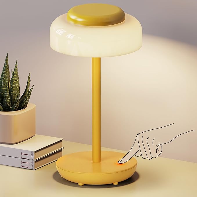 QiMH Battery Operated LED Table Lamp, 5000mAh Cordless Desk Lamp with 3 Level Brightness Touch Control, Mini Rechargeable Night Light for Living Room, Bedroom, Outdoor bar (Yellow)