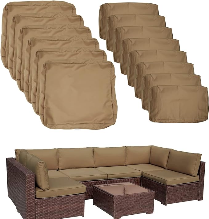 ClawsCover 14Pack Outdoor Patio Seat and Back Cushions Replacement Covers Fit for 7Pieces 6-Seater Wicker Rattan Sectional Couch Chair Furniture Set,Taupe-Include Cover Only (Small)