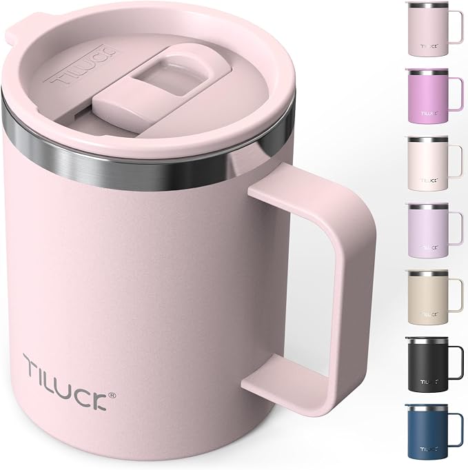 TILUCK 12 oz Insulated Coffee Mug with Lid and Handle | BPA-Free Lid, Double-Wall Vacuum Insulation, Stainless Steel Coffee Cup, Dishwasher Safe Mug for Hot & Cold Drinks, LightPink