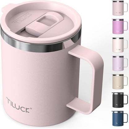 TILUCK 12 oz Insulated Coffee Mug with Lid and Handle | BPA-Free Lid, Double-Wall Vacuum Insulation, Stainless Steel Coffee Cup, Dishwasher Safe Mug for Hot & Cold Drinks, LightPink