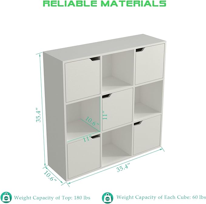 9-Cube Storage Shelf Bookcase - Wooden 3-Tier Floor Standing Open Bookshelf with Doors for Home and Office, Display Cabinet, Warm White