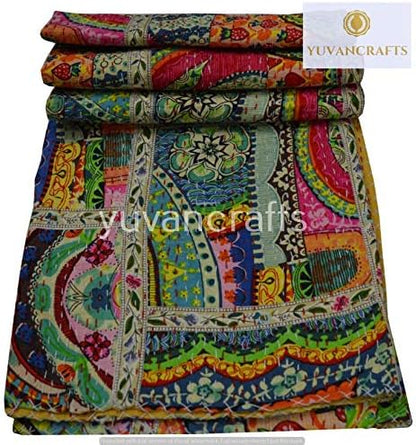 YUVANCRAFTS Patchwork Cotton Kantha Quilt - Indian Traditional Handmade Bedding Vintage Multi Color Quilt Blanket (Queen (90"x108"), Multi Patch 1)