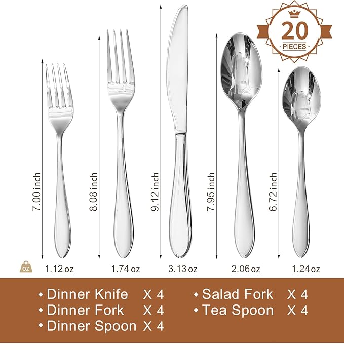 KINGSTONE 20-Piece Silverware Set for 4,18/10 Premium Stainless Steel Flatware Set, for Home, Restaurant, Wedding and Party Use, Mirror-Polished Cutlery Set, Dishwasher Safe.