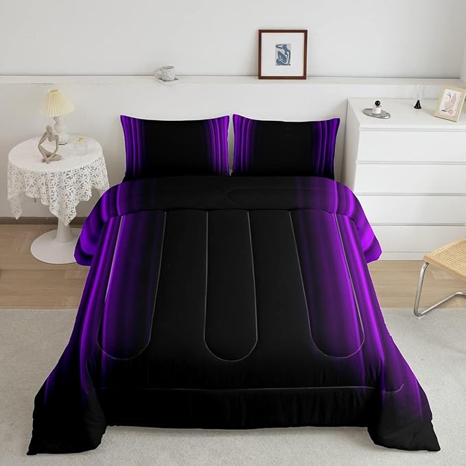 Geometric Abstract Ombre Comforter Set Kids Teens Purple and Black Striped Bedding Bed Set Decor Modern Fashion Comforter Inner Fill Bedroom Collection 2Pcs Twin Size