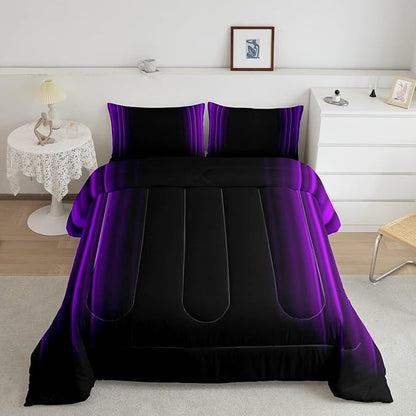 Geometric Abstract Ombre Comforter Set Kids Teens Purple and Black Striped Bedding Bed Set Decor Modern Fashion Comforter Inner Fill Bedroom Collection 2Pcs Twin Size