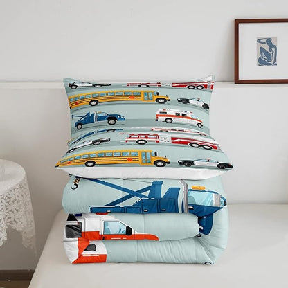Erosebridal Fire Truck Comforter Set,Police Car Down Comforter Full Size,School Bus Bedding Set for Kids Boys Teens Youth,Equipped Truck Cartoon Vehicle Quilt Duvet Insert Bedroom Dorm Decor 3 Pcs