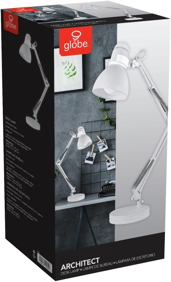 Globe Electric 52024 28" Swing Arm Desk Lamp, Matte White, On/Off Rotary Switch on Shade, Partially Adjustable Swing Arm, Home Office Accessories, Lamp for Bedroom, Home Improvement, Home Décor