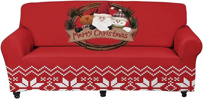 FKELYI Merry Christmas Sofa Cover for Home Decor Santa Claus Snowman Reindeer Printed Stretch Sofa Couch Cover Washable Furniture Protector-M