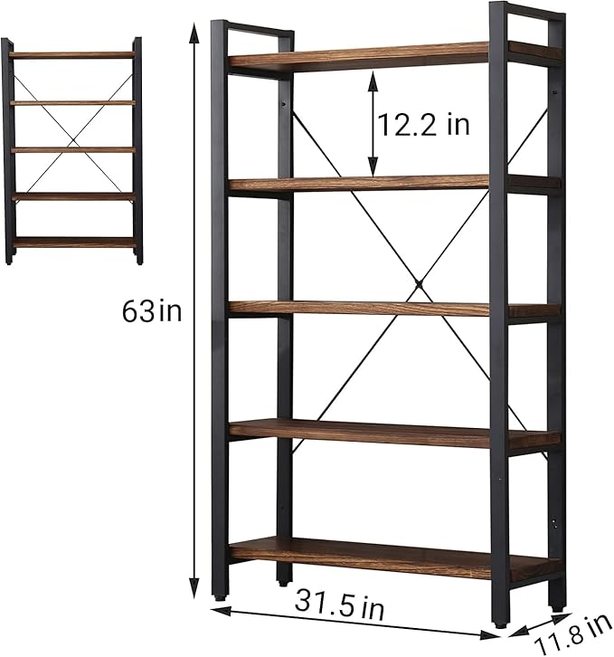 5 Tier Bookcase, Solid Rustic Industrial Etagere Bookcase, Metal and Wood Free Vintage Bookshelf, Retro Brown (Real Wood) (5-Tier)