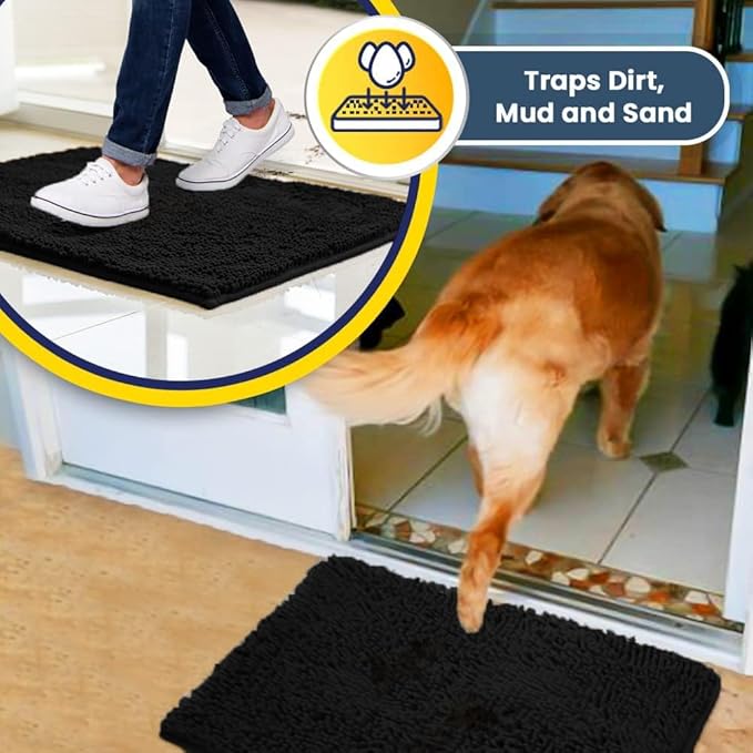 Muddy Mat® 4-Piece Black Medium 30"X19" AS-SEEN-ON-TV Highly Absorbent Microfiber Door Mat, Bath Mat and Pet Rug, Non Slip Thick Washable, Soft Chenille for Kitchen Bathroom Bedroom Indoor and Outdoor