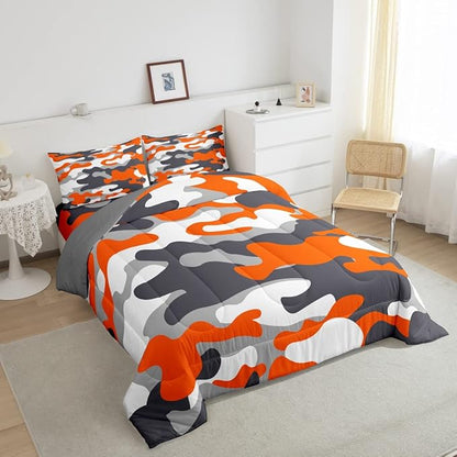 Feelyou Full Size Camouflage Comforter Set 3Pcs Kids Bedding Set for Boys Girls Teens 1 Comforter & 2 Pillowcases(Full,Orange)