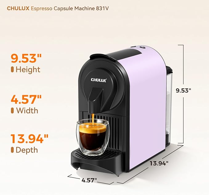 CHULUX Bafè-Pro 20Bar Espresso Coffee Machine for Fast Extraction, Lavender | 1400W Rapid Heating, Espresso Lungo Buttons, Used Capsule Drawer, Auto-Eject System, 24oz Removable Reservoir, Mini Footprint