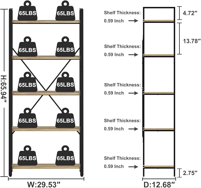 FATORRI 5 Tier Bookshelf, Industrial Wood and Metal Book Shelves for Display, Tall Etagere Bookcase and Rustic Shelving Unit (Rustic Oak)