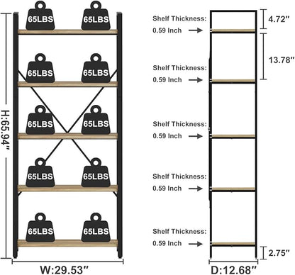 FATORRI 5 Tier Bookshelf, Industrial Wood and Metal Book Shelves for Display, Tall Etagere Bookcase and Rustic Shelving Unit (Rustic Oak)