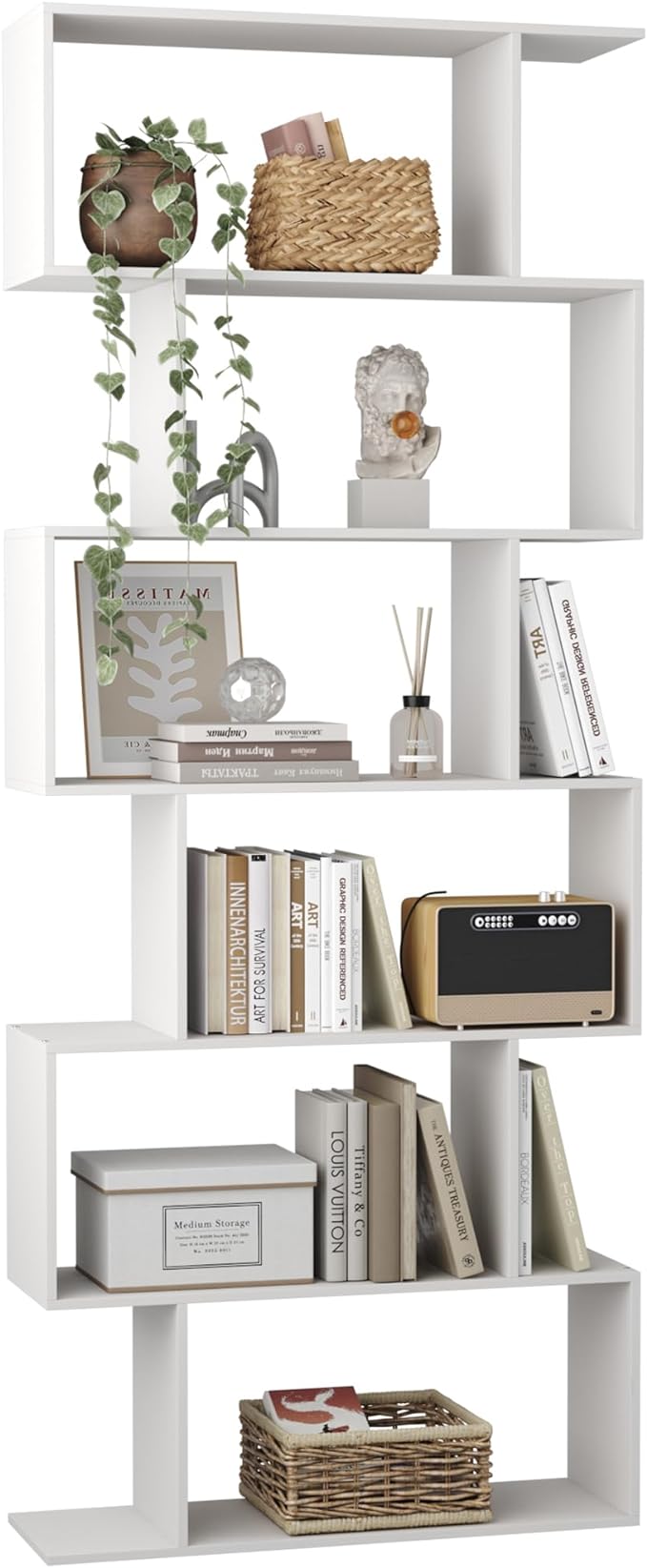 Yusong S Shaped Bookshelf, Modern Geometric Bookcase, 6-Tier White Display Case Book Shelf