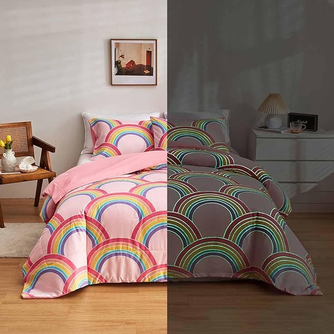 Feelyou Rainbow Glow in The Dark Comforter Set for Girls Kids Queen Pink Rainbow Bedding Set Super Soft Colorful Stripe Mermaid Scales Comforter Baby Girl Bedroom Pink Decor Bedding Quilted Duvet