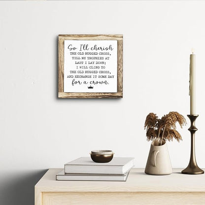 Rustic Wood Sign, So I'll Cherish the Old Rugged Cross Sign, Wooden Plaques Signs Table Decor, Small Wooden Box Signs, Inspirational Desk Decorate, Spiritual Decorate, Shelf Decoration for Home Office