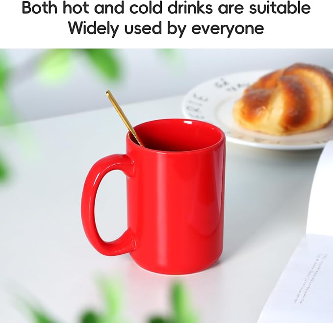 16 OZ Coffee Mug, Classic Blank Ceramic Cup with Large Handle for Tea Latte Cappuccino, Red