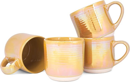 Elanze Designs Glossy Reactive Glaze Large 17 Fluid Ounce Everyday Kitchen Food Grade Ceramic Stoneware Coffee Mug Cup with Comfort Curved Handles, Set of 4, Gold Tone