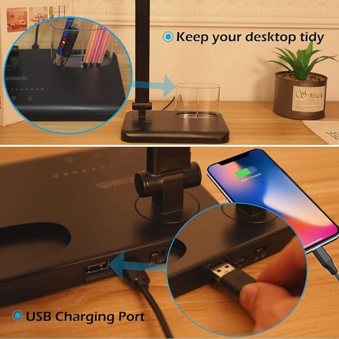 GERINTECH Dual Shade LED Desk Lamp with USB Charging Port & Pen Holder, Bright Table Lamp with Auto Shut-off Timer, 10 Adjustable Brightness, 5 Color Modes (Black)
