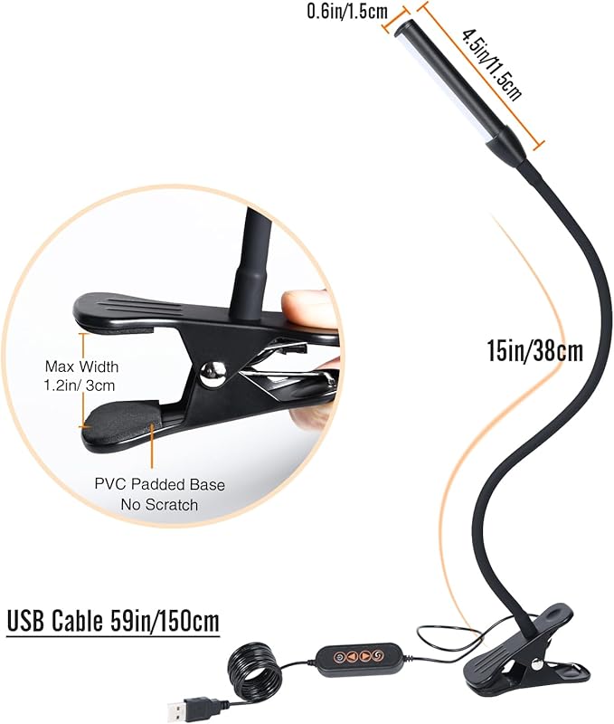 Clip on Reading Light, Clip Light, Warm & Daylight & White Light 3 Colors, Eye-Care Clamp Lamp with 10 Dimmable Illumination Modes