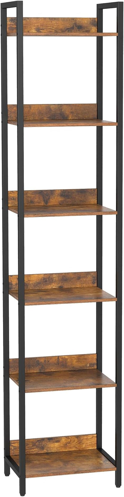 6-Tier Bookshelf, Narrow Bookcase with Open Shelves, Talll Book Shelf Coner Shelf for Living Room, Bedroom, Home Office, Study, Bathroom,11.5 x 15.7 x 72.6 Inches, Rustic Brown and Black