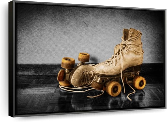 ElephantStock Vintage Skates Pop Wall Art - Horizontal Framed Canvas - 1-Piece Living Room Wall Decor - Sport Photography Canvas Print - Beige and Black Decor for Wall - 40" X 27"