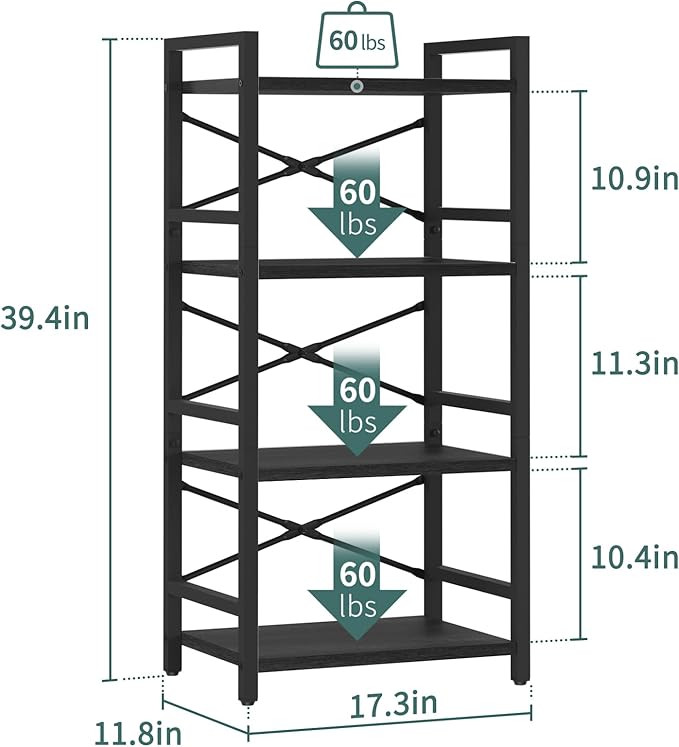 Yoobure 4 Tier Bookshelf - Small Book Shelf Industrial Bookcase, Narrow Book Case Book Storage Organizer for CD/Movie/Book, Bookshelves for Bedroom Office Living Room Black