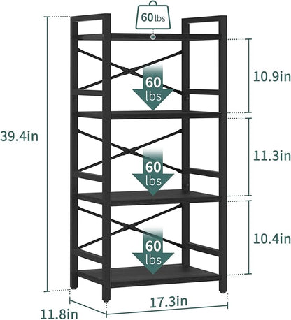 Yoobure 4 Tier Bookshelf - Small Book Shelf Industrial Bookcase, Narrow Book Case Book Storage Organizer for CD/Movie/Book, Bookshelves for Bedroom Office Living Room Black