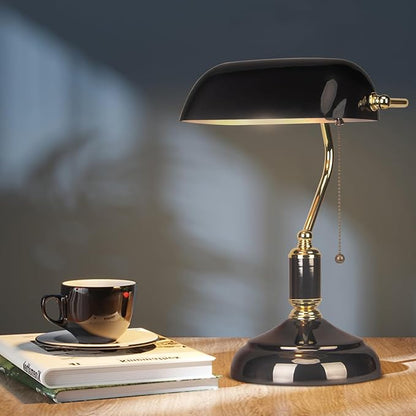 FIRVRE Bankers Desk Lamp with Pull Chain Switch Plug in Fixture, Black Glass Shade Desk Lamps, Golden and Black E26 Base, Traditional Library Lamp for Office,Piano,Study Room