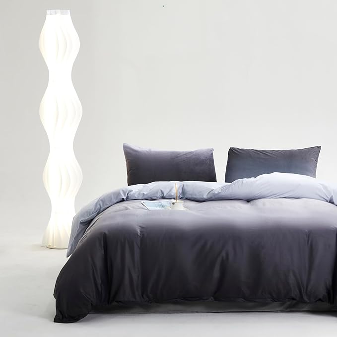 Gray White Gradient Comforter Set King Gray Velvet Bedding Comforter Modern Plain White and Deep Gray Gradient Soft Quilt Farmhouse Flannel Comforter Warm King Bed Comforter