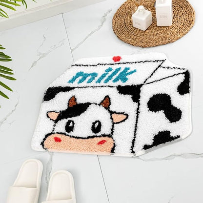 Milk Cow Bathroom Rugs Milk Box Shaped Animals Non Slip Cute Bath Rug Soft Absorbent Microfiber Bathtub Door Mat for Bathroom Kitchen Floor Tub Shower Rug Black White