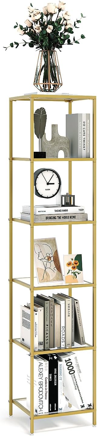 6-Tier Bookshelf,Metal Bookcase,Tempered Glass Shelves,Storage Rack Shelf for Home Office,Living Room,Bedroom, Bathroom,Modern Style,Golden