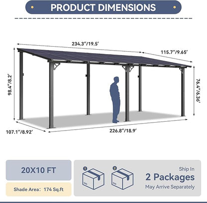 10x20FT Lean to Gazebo, Hardtop Metal Pergola with Polycarbonate Roof, Large Wall Mounted Heavy Duty Awnings, Patio Canopy for Backyard, Deck, Porch