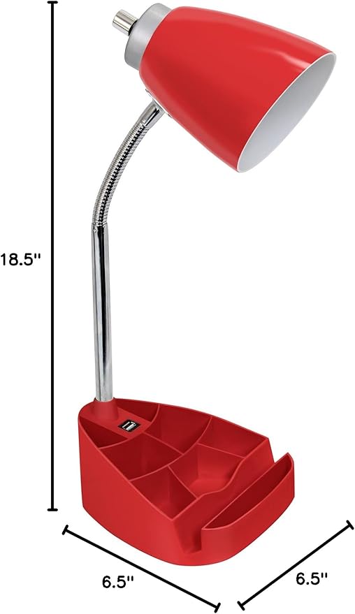 Simple Designs LD1056-RED Gooseneck Organizer Desk Lamp with iPad/Tablet Stand or Book Holder and USB Port, Red