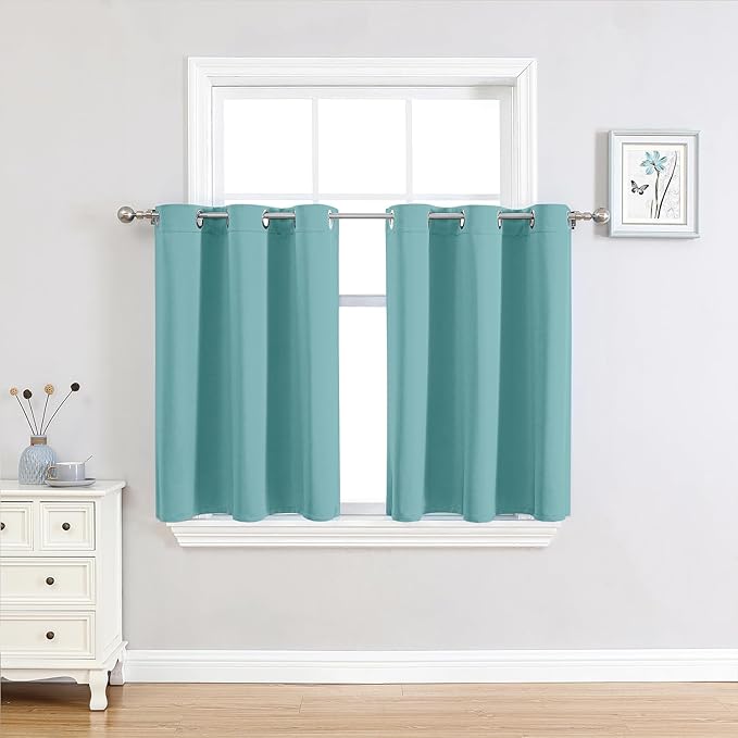 ChrisDowa Small Window Curtains 36 inches Long for Bedroom - Grommet Short Thermal Insulated Room Darkening Curtains for Kitchen (2 Panels, Aqua, 52 x 36 Inch)