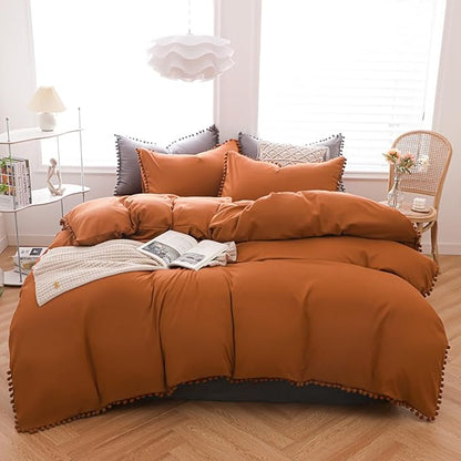 Pumpkin Comforter Set Full Burnt Orange Pom Comforter 3 Pieces Pumpkin Color Boho Ball Pom Fringe Full Comforter Bedding Set Women Solid Pumpkin Full Bed Comforter Set All Season Gift