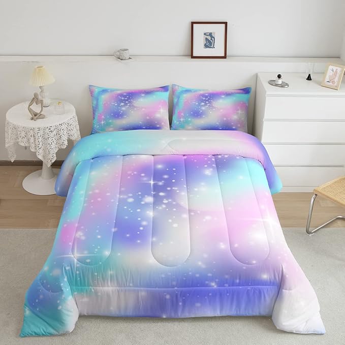 Erosebridal Ombre Comforter Rainbow Comforter Set Twin Tie Dye Galaxy Duvet Set Nebula Bedding Starry Sky Quilt Set Pastel Stars Glitter Bedding Set Purple Blue Bedroom Decorative Down Alternative