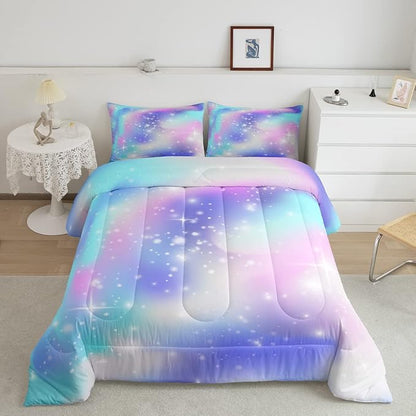 Erosebridal Ombre Comforter Rainbow Comforter Set Full Tie Dye Galaxy Duvet Set Nebula Bedding Starry Sky Quilt Set Pastel Stars Glitter Bedding Set Purple Blue Bedroom Decorative Down Comforter