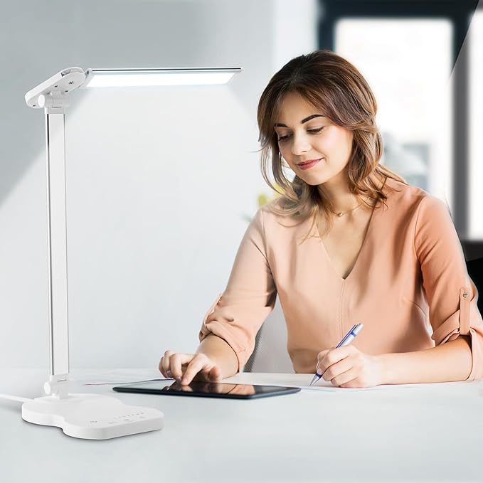 Led Desk Lamp with USB Charging Port, 5 Lighting Colors & 10 Brightness Reading Lamp, Foldable Dimmable LED Desk Light, 3000-6500K, Violin Shape Lamp Desk Lamps for Home Office-White