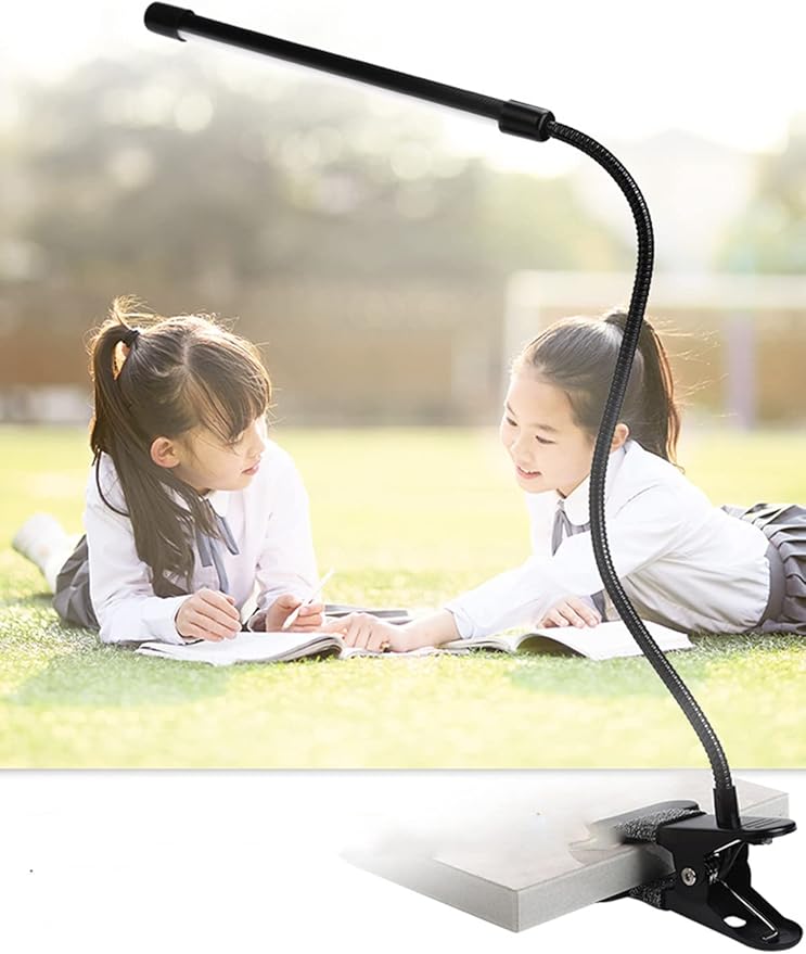 Meichoon Desk Lamp with Clamp Desktop Clip-On LED Illuminating Light Flexible Metal Hose Eye-Caring Table Lamp for Bedroom Bedside Office Study Work Reading Embroidery UK10 Black