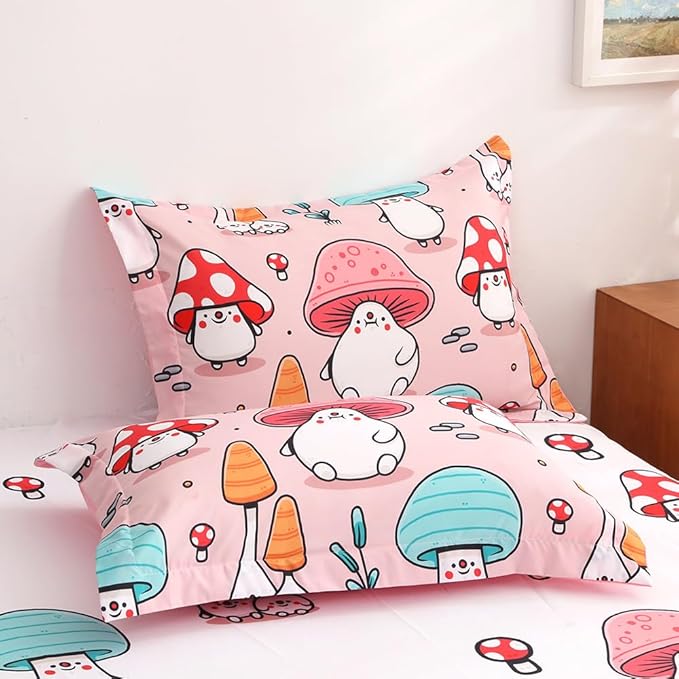 Wajade Kids Cute Mushroom Comforter Set Bed in A Bag Full Size 7 Piece Pink Cartoon Mushroom Head Bedding Set for Girls (1 Comforter, 1 Flat Sheet, 1 Fitted Sheet, 2 Pillowcase and 2 Pillow Sham)