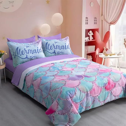Wajade Kid Mermaid Scale Comforter Bedding Set Queen Size, Colorful Rainbow 3D Fish Scale 7 Pieces Soft Bedding Sets with Comforter, Sheet, Pillowcase and Sham for Girls