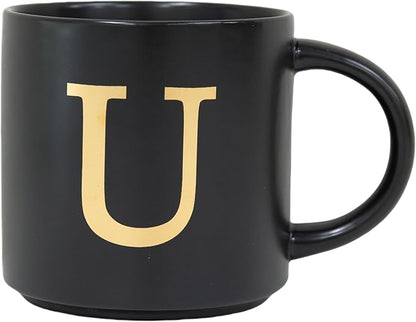 COLLECTIVE HOME - Monogram Ceramic Mugs, 15 oz Golden Initial Black Coffee Cups, Elegant Alphabet Tea Mugs, Elegant Personalized Mug with Gift Box, Unique Mug with Double Side Capital Lette (U)